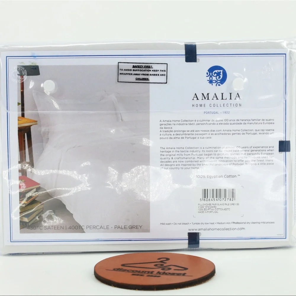 Amalia Pillowcase Pair Standard 100% Egyptian Cotton‎ Suave Pale Grey 21x32”
